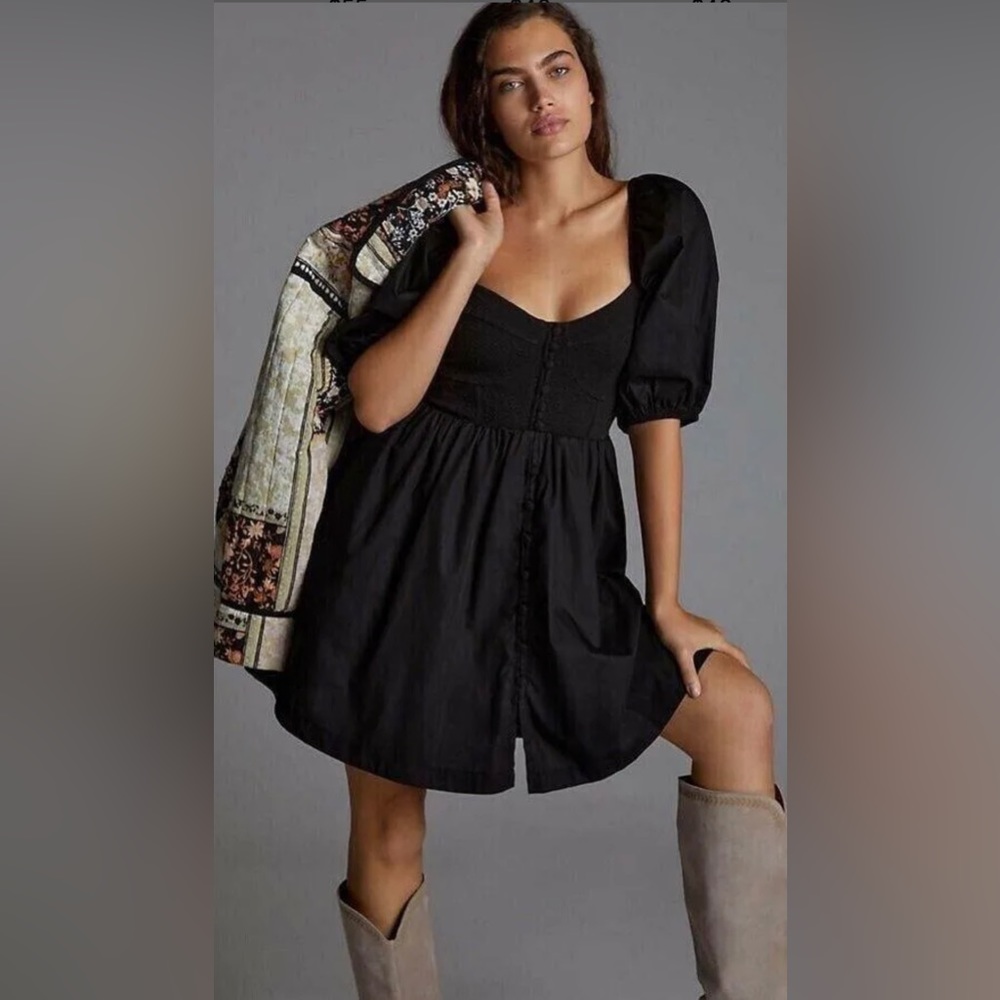 Anthropologie Maeve Sweetheart Puff Sleeve Dress Women’s Black Small